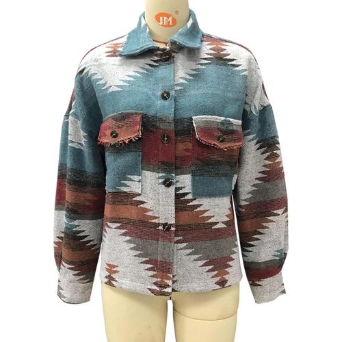 happlan Aztec Denim Jacket For Women Lapel Button Down Print Shirt Coat Shacket size large