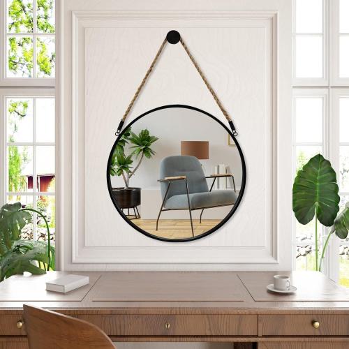 POZINO Round Hanging Mirror, 20 Rope Wall Mirrors Decorative, Black Metal Frame Circle Mirrors, Farmhouse Wall Mounted Mirrors for Bathroom, Bedroom, Living Room, Entryway, Home Decor