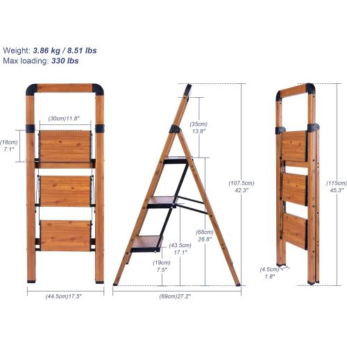 Step Ladders Folding 3-Step Woodgrain Finish Aluminum Foldable Step Stool,Anti-Slip Portable Sturdy for Home & Kitchen Office 330 lbs