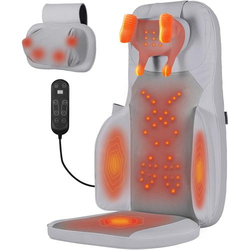 Shiatsu Neck and Back Massager with Heat - 3D Kneading & Vibration Full-Back Massage Cushion to Ease Muscle Stiffness, Adjustable Intensity & Height for Office Chair, Home Use (Grey)
