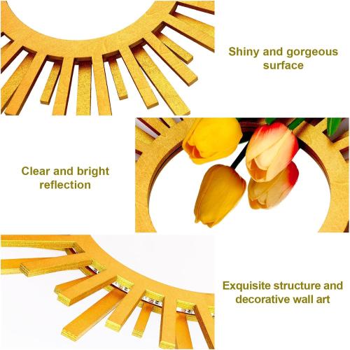 Gold Rising-Sun Mirror Wall Decor with Remote-Control Multicolor Lights,12 inch Boho Wall Decor for Bedroom Living Room Bathroom Kitchen (Gold 12in)