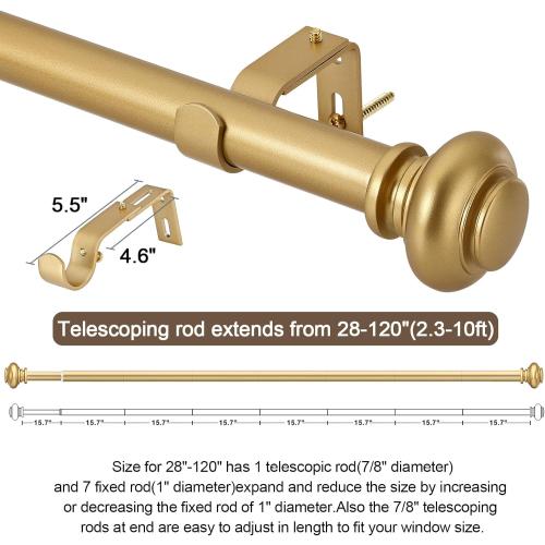 Gold Curtain Rods for Windows 66 to 120 Inches Adjustable Decorative 1 Inch Diameter Single Window Curtain Rod Set with Classic Finials, Gold Finishing