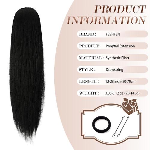 FESHFEN Straight Ponytail Extensions, Long Drawstring Pony Tails Synthetic Hair Piece Clip in Ponytails Hairpieces for Women, Natural Black 28 inch