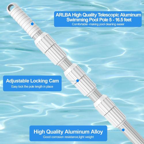 ARLBA Professional 16.5 Foot Swimming Pool Pole Telescopic，Heavy Duty Aluminum Extension Pole Thicken 1.30mm,Telescoping Pole Adjustable 6.5-16.5ft, Pool Cleaning Pole for Vacuum,Brush,Skimmer Net