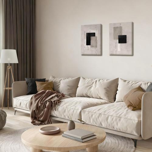 Kdyudo 2 Pcs Large Minimalist Block Line Canvas Framed Wall Art Neutral Abstract Print Poster Wall Decor Black Beige And Brown Geometric Square Line Painting Pictures Living Room Bedroom 16x24 Inch
