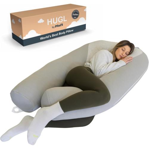 Plufl Hugl Cooling Body Pillow for Adults Made with CloudSupport Fill | U Shaped Maternity Pillows Great for Side Sleepers & Pregnant Women | Washable Cover | Grey