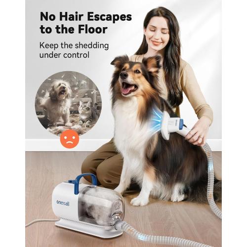 oneisall Dog Vacuum & Dryer for Shedding Grooming, 8 in 1 Dog Grooming Kit with Metal Blade Pet Clippers, Adjustable Speed and Temperature Control Blower