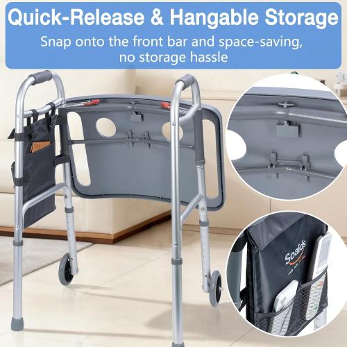 Walker Tray for Seniors with Dual Cup Holders, Side Pouch and Non-Slip Pad, Lightweight Durable Food & Drink Table, Compatible with Walker of 10210-1 Model (Gray)