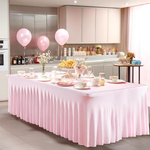 2 Packs Size 6 foot Pink Table Clothes for 6 Foot Rectangle Tables, One-Piece Wrinkle Resistant Stretch Spandex Table Covers with Skirt for Event Banquet Wedding Birthday Party