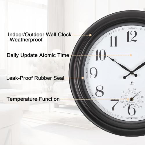 Atomic Outdoor Wall Clock  Sealed Outdoor Waterproof Clock with Temperature, Auto-Set Time, Easy to Read - Large Patio, Pool Clock for Outside, Backyard, Garden