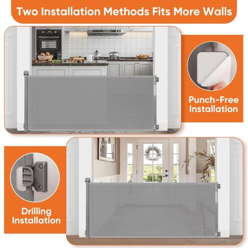 Size 80 Inch Color Grey No Drill Retractable Pet Gates for Doorways No Drilling Retractable Gate for Stairs No Drilling Retractable Dog Gates for The House Indoor Mesh Pet Gate Outdoor Retractable Baby Gates for Dogs