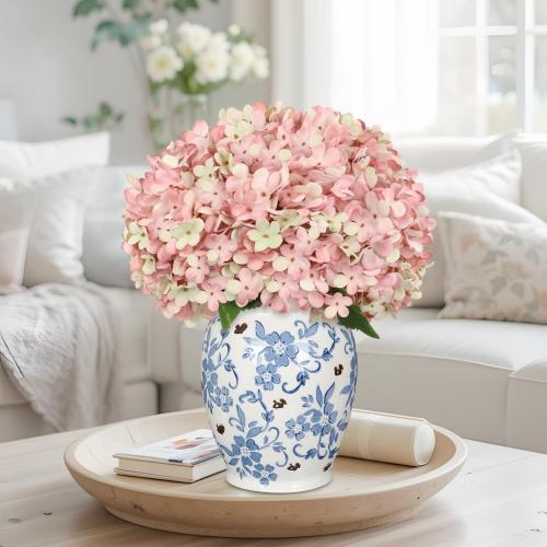 Hollyone 6PCS Pink Hydrangea Artificial Flowers Artificial Hydrangeas Silk Flowers for Home Decor Indoor Wedding Flower Faux Flower Kitchen Centerpiece Table Decorations