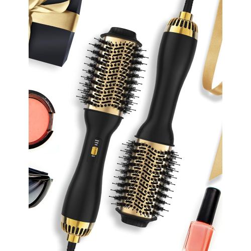 Gold and Black Hot Air Hair Blow Dryer Brush - 3 in 1 Negative Ionic Hairdryer Blowout Brush for Drying Straightening Volumizing - 60mm Oval Barrel fit All Hair Types - Salon Style, Smooth, Frizz-Free Results