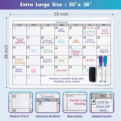 Magnetic-Receptive Dry Erase Monthly Extra Large White Board Calendar for Wall 38x50, Big Whiteboard Calendar with Iron Sheet Backing-Works with Magnetic Markers Eraser, Giant Blank Poster with Square