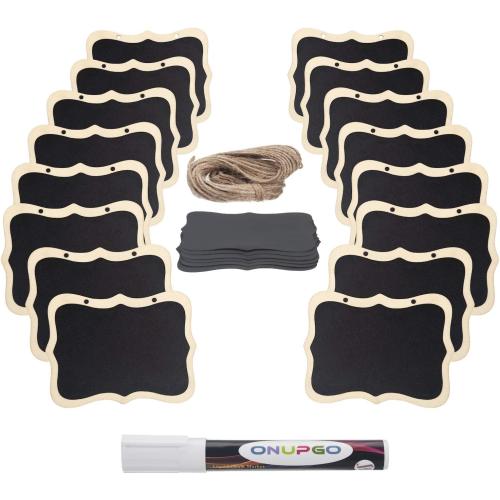 ONUPGO 16 Pack Chalkboard Tags with String, 4x3 Hanging Chalkboard Signs with Liquid Chalk Marker, Wooden Mini Blackboard Tags Massage Board Tags, Hanging Chalkboard Price Tags