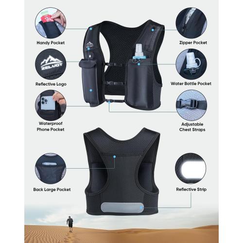 Running Vest for Women Men, USA Original Patent, Adjustable Chest Straps Running Hydration Vest with 500ml Soft Flask, Lightweight Reflective Hydration Backpack for Marathon