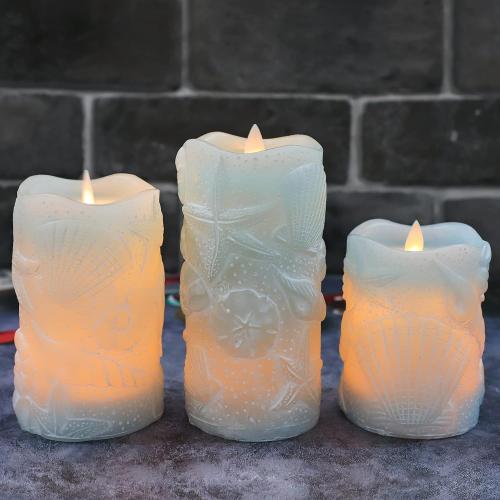 Silverstro Ocean Flameless Candles Remote Carved Seashell Real Wax Flicker Battery Operated Candles for Home Party Wedding Nautical Thanksgiving Christmas Easter Decor - Set of 3(Blue)