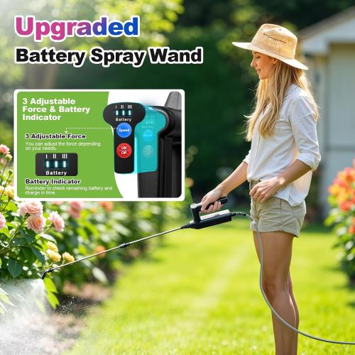 Size 32 inch Battery Powered Sprayer Wand, 32 Inch Garden Sprayer Telescopic Wand with 3 Adjustable Speeds, Battery Indicator, 26.2 FT Hose, 7.4V Rechargeable Water Sprayer Wand with 4 Adjustable Nozzles & Filter