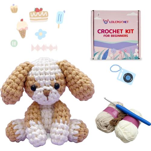Cute Puppy Crochet Kit for Beginners, Learn to Crochet Animal Starter Set with Video Tutorial & Crocheting Manual, Easy Yarn Knitting Kit for Adult, Stuffed Dog Craft Doll Xmas Gift