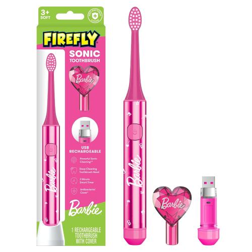 FIREFLY Slim Sonic Barbie Toothbrush with USB Charging and Antibacterial Cover, Ages 3 , 1 Count