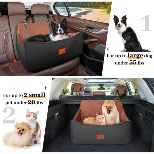 Wooaidagg Dog Car Seat for Medium & Large Dogs Up to 55lbs, Memory Foam Cushion, Washable Cover, Safety Straps & Non-Slip Bottom(Black/Brown,Large)