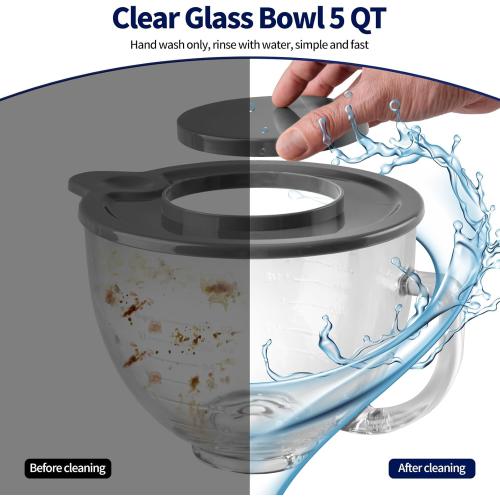 Glass Bowl for KitchenAid Stand Mixer,5 Quart,Glass Mixing Bowl Replacement for KitchenAid 4.5 and 5 Quart Tilt-Head Stand Mixers with Measurement Markings