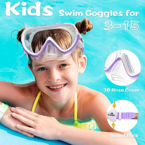 Freela Kids Swimming Goggles for 4-16 with Nose Cover, Anti-Fog No Leakage