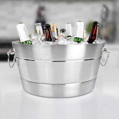 BREKX Stainless Steel Ice Bucket for Parties, Double Wall Insulated Anchored Brushed Drink Tub & Wine Bucket with Double Hinged Handles, Drink Chiller for Parties, 12QT (3 Gallon), 100% Leak Proof