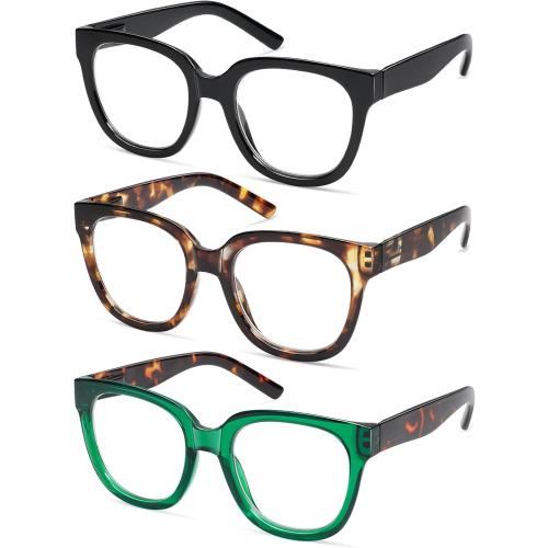 AMOMOMA 3 Pack Oversized Square Reading Glasses for Women,Stylish Retro Cute Blue Light Computer Womens Readers AM6122
