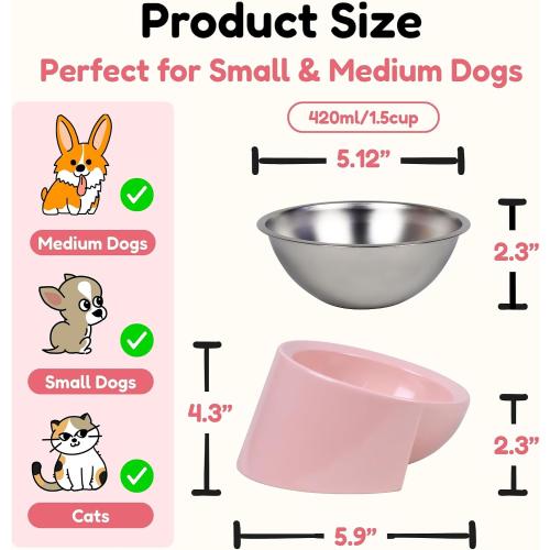 Tilted Dog Bowl for Flat-Faced & Senior Dogs, 15° Slanted Stainless Steel Dog Food Bowl, Elevated Pet Feeder for Small & Medium Dogs, Comfortable Eating Design (Pink, M (420 ML / 1.5 Cups))