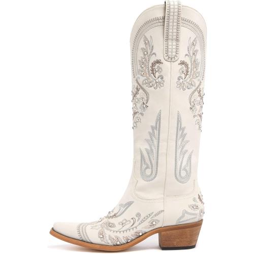 Western Cowboy Boots for Women Embroidered Rhinestones Knee High Cowgirl Boots Pointed Toe Chunky Heel Fashion Retro Classic Tall Boot SIZE 8