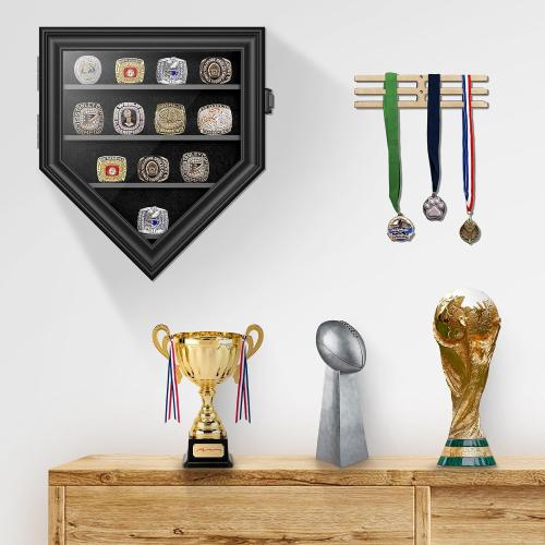 Championship Ring Display Case, 12 Posts Baseball Ring Holder, Lockable Wall Mount Wooden Shadow Box for Multiple Championship Rings