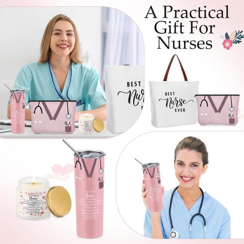 Skylety 4 Pcs Nurse Gifts for Women Rn Lpn Practitioner, Gift for Christmas, Retirement, Birthday, Graduation, Appreciation Nursing Student with 20oz Tumbler Tote Bag Makeup Bag Scented Candle(Pink)