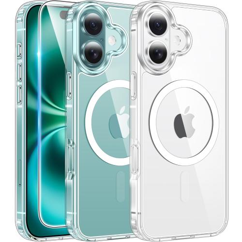 FNTCASE for iPhone 16 Case Clear: Magnetic Phone Cases with Screen Protector Drop Proof Compatible with Magsafe Slim Anti Yellowing Rugged Shockproof Protective Transparent Cell Cover (A-Clear)