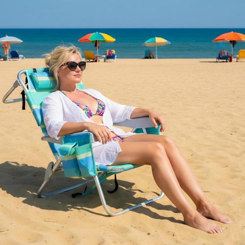 Low Beach Chair for Adults,5 Position Lay Flat, Portable Folding Aluminum Reclining Backpack Beach Chairs Heavy Duty with Cup Holder, Large Pocket for Outdoor/Lawn/Picnic/Fishing