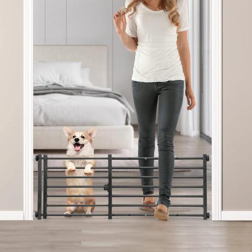 Malier Indoor Dog Gate with Door, 26-41 Extra Wide Full Metal Pet Gate Short Dog Gate for Stairs, Pressure Mount 14'' Tall Small Puppy Low Gate Easy Step Over for Doorways