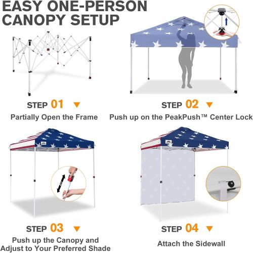 EAGLE PEAK 6.6x6.6 Pop Up Canopy Tent with 1 Sidewall, American Flag | Easy Up Outdoor Canopy, PeakPush™ Center Lock Heavy Duty Instant Event Tent for Parties, Vendors & Sports, Wheeled Carry Bag