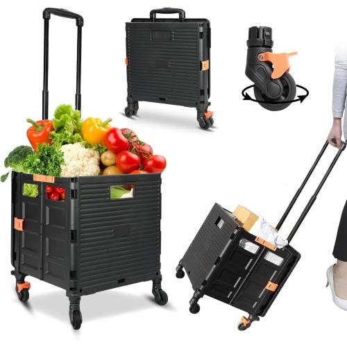 Utility Cart Folding Portable Rolling Crate Handcart with Lid Durable Heavy Duty Plastic Telescoping Handle Collapsible 360 Degree Rotate Wheels for Travel Shopping Moving Luggage Office Use,Black