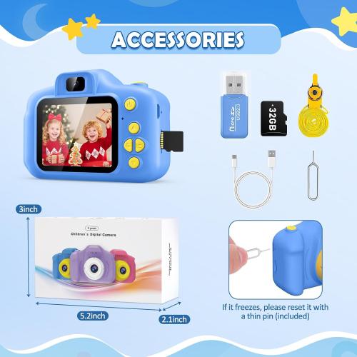 Desuccus Kids Camera Toys Christmas Birthday Gifts for Boys and Girls Kids Toys 3 4 5 6 7 8 9 Year Old HD Digital Video Camera for Toddler with 32GB SD Card (Blue)
