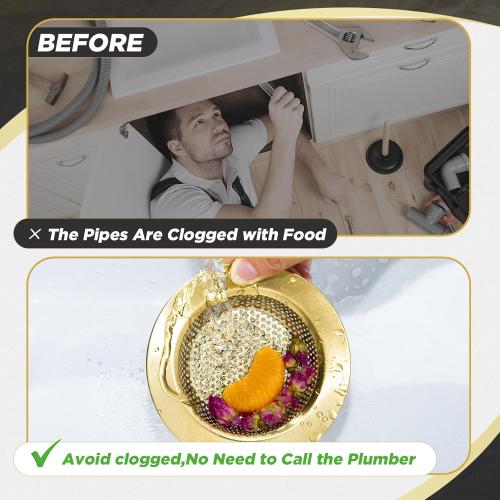 Mudder 3 Pcs Kitchen Sink Drain Strainer and Stopper Stainless Steel Garbage Disposal Plug with Handle Universal Anti-Clogging Kitchen Sink Filter Sieve Basket Strainer(Brushed Gold)