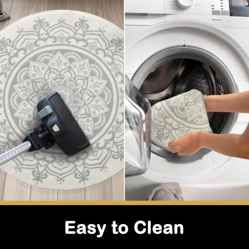 Carvapet 2' Small Round Area Rug Chic Boho Mandala Print Circle Rugs Non Slip Machine Washable Floor Mat Soft Throw Rug for Powder Room Entryway Bathroom Nursery Bedside Floor Decor Ivory Grey