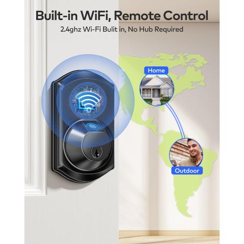 TEEHO TE012W WiFi Smart Lock, Fingerprint Door Lock with Built-in Wi-Fi, Keyless Entry Keypad Smart Deadbolt, App Remote Control, Alexa Compatible, IP55 Waterproof for Front Door – Matte Black