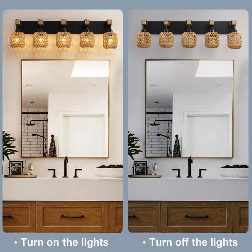 5 Light Bathroom Vanity Light Fixtures, Rustic Style Wood Bathroom Wall Sconce, with Boho Wicker Lampshade, Rattan Black Farmhouse Wall Sconce for Bedroom, Hallway, and Living Room