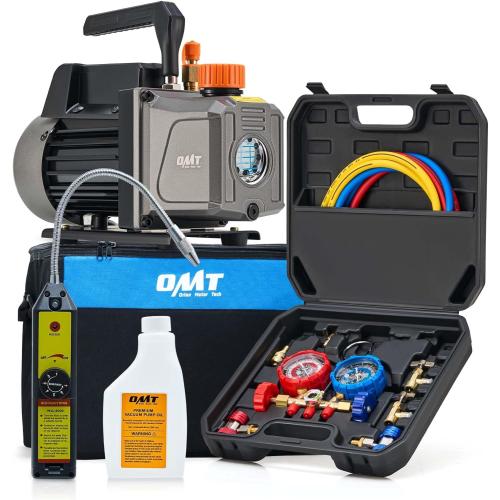 Orion Motor Tech AC Vacuum Pump and Gauge Set, 1/3 hp 4 cfm Vacuum Pump Manifold Gauge Kit with Leak Detector 3 Hoses & Accessories for R134a R12 R22 R502, A/C Vacuum Pump Kit for Auto HVAC Systems