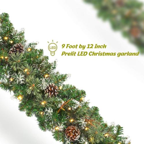 9 FT Prelit Christmas Garland with Pine Cones, Artificial Snowy Pine Garland for Christmas 50 LED Battery Operated Warm Lights and Timer Xmas Garlands Decor Indoor Outdoor