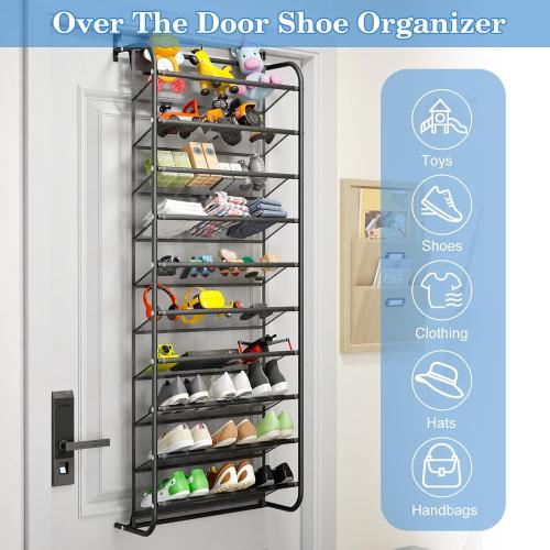 Black AQQHSAIN 10 Tier Over The Door Shoe Organizer Wall Shoe Shelf Shoe Holder Door Shoe Rack for Closet Pantry Hanging Shoes Clothes Toys Storage Shelves (Black)