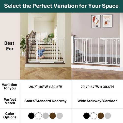 Cumbor 29.7-46 Baby Gate for Stairs, Toddler Safety Essentials for The House, Auto Close Dog Gate for Doorways, Mom's Choice Awards Winner-Easy Install Pressure Mounted Pet Gates for Dogs, White