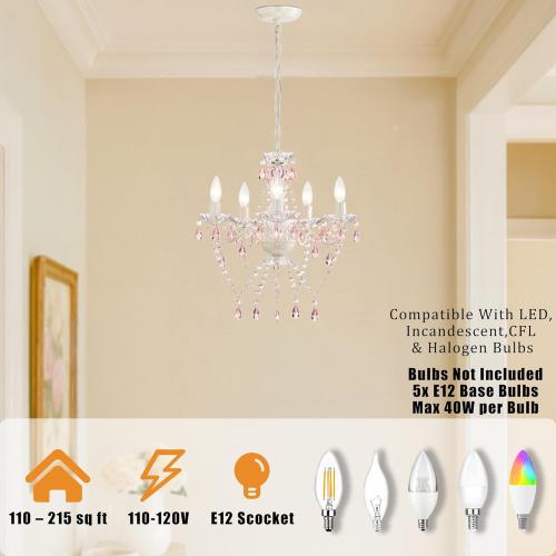 Small Pink and White Girls Bedroom Light – 5-Light Modern Acrylic Crystal Ceiling Fixture, Mini Chandelier for Kids Room, Dining Room, Living Room, Foyer