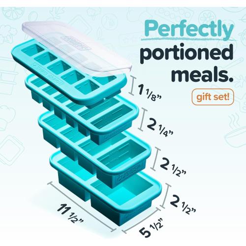 Souper Cubes Silicone Freezer Molds Gift Set with 2 Tbsp, 1/2, 1, and 2 Cup Silicone Freezer Trays With Lids - Meal Prep and Kitchen Essentials Bundle - Aqua