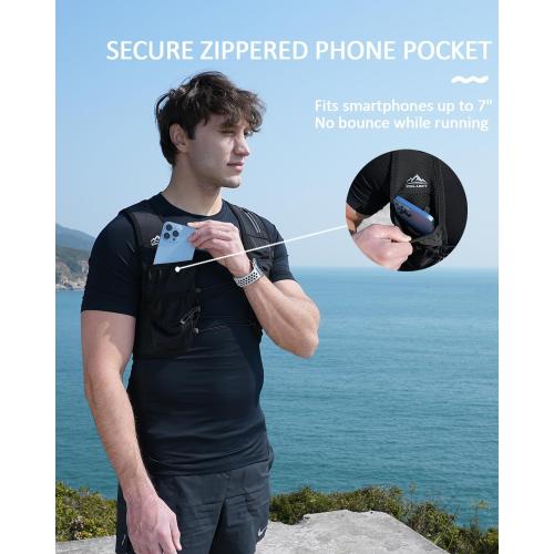 Color Black Running Vest for Women Men, USA Original Patent, Adjustable Chest Straps Running Hydration Vest with 500ml Soft Flask, Lightweight Reflective Hydration Backpack for Marathon